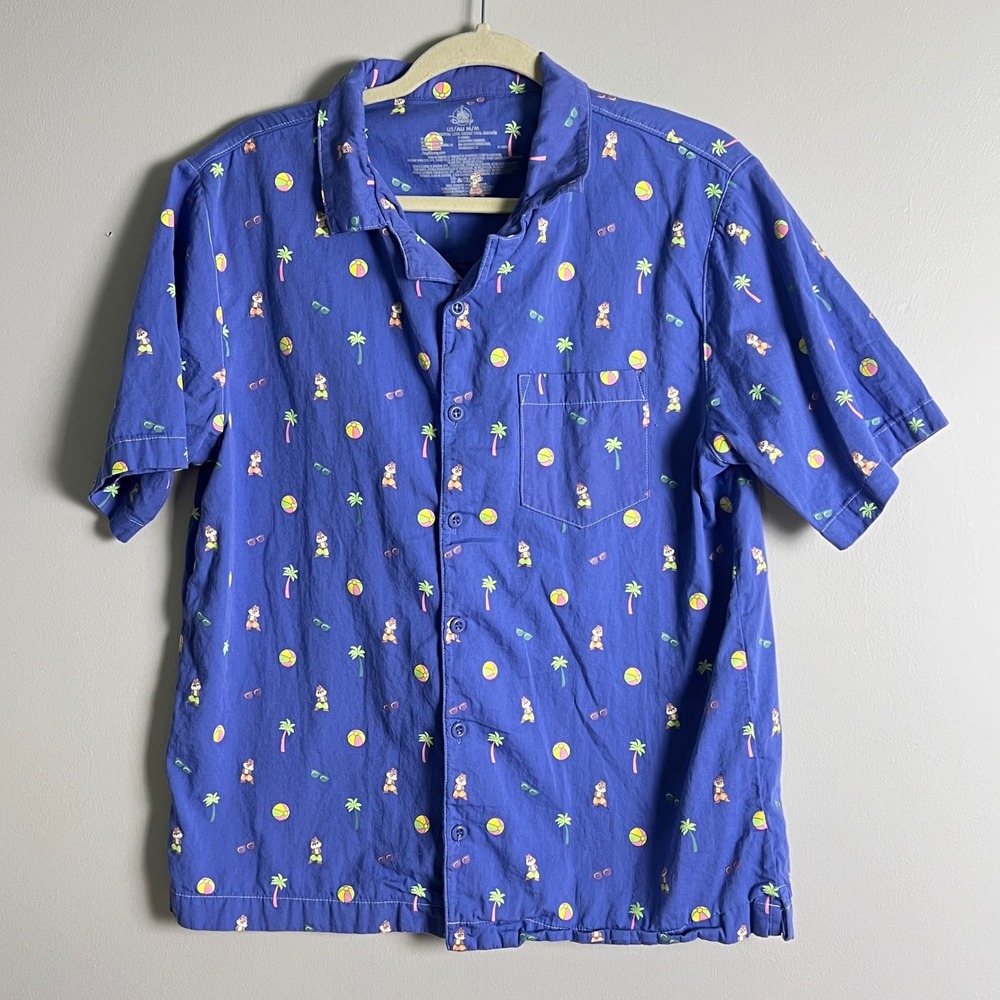 Disney Chip n Dale Button Down Shirt Mens Medium Blue Tropical Beach AOP Cotton